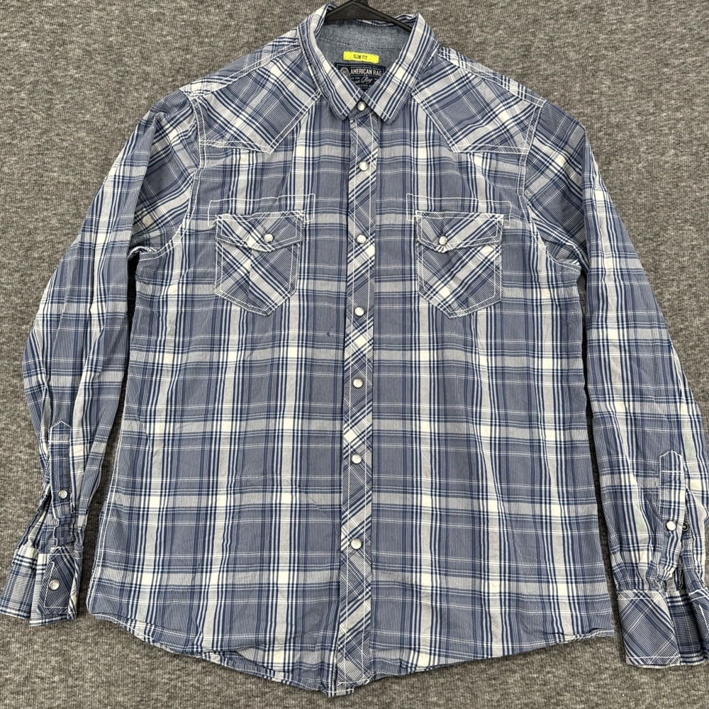American Rag Cie Mens Western Shirt Size Large Blue Plaid Snap Button Slim Fit